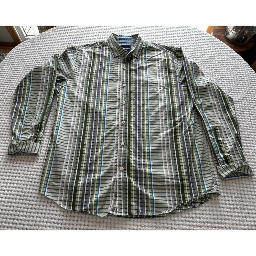 Tommy Bahama Men’s Large Green Striped Long Sleeve Button Down Shirt Pima Cotton